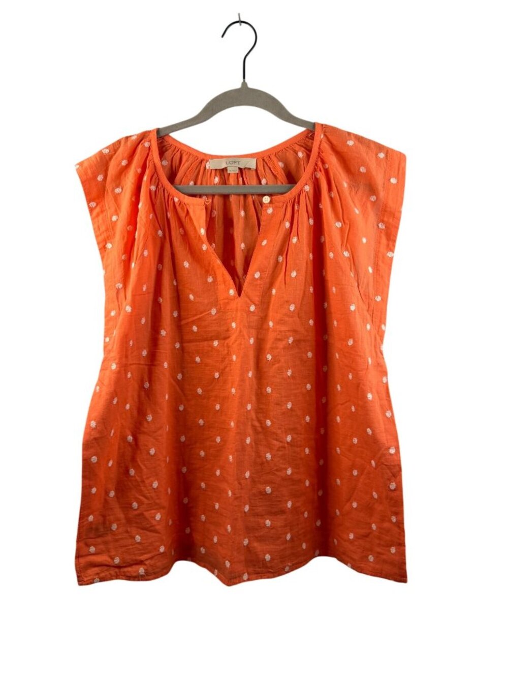 Orange Polka Dot Sleeveless Blouse By Loft M 100% Cotton Embroidery Detail Women